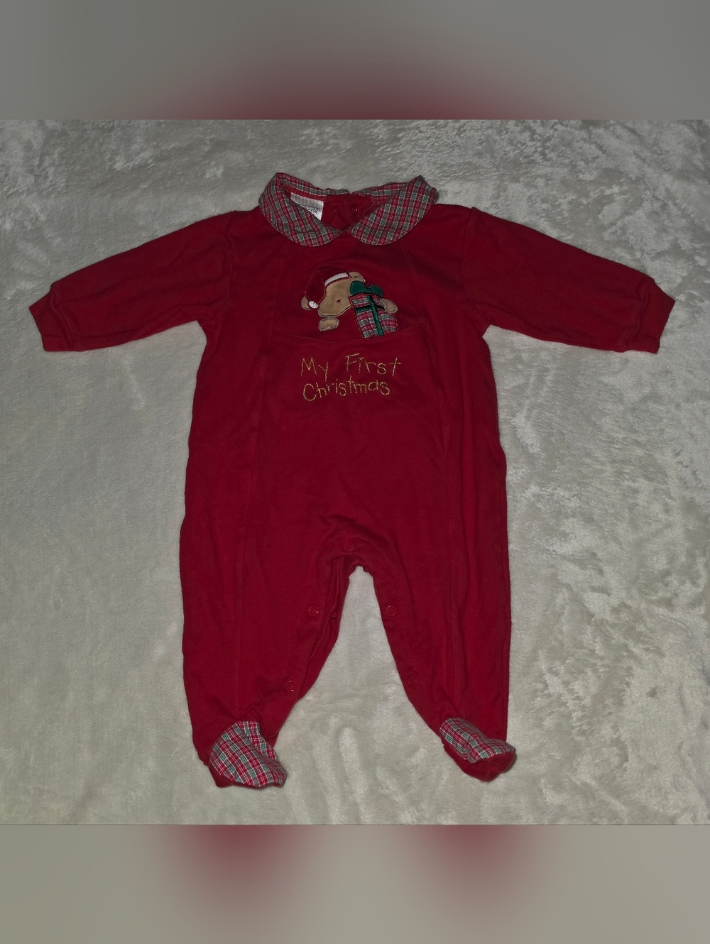 Vintage 100% Cotton Bear My First Christmas 9mo Babay One Piece Romper